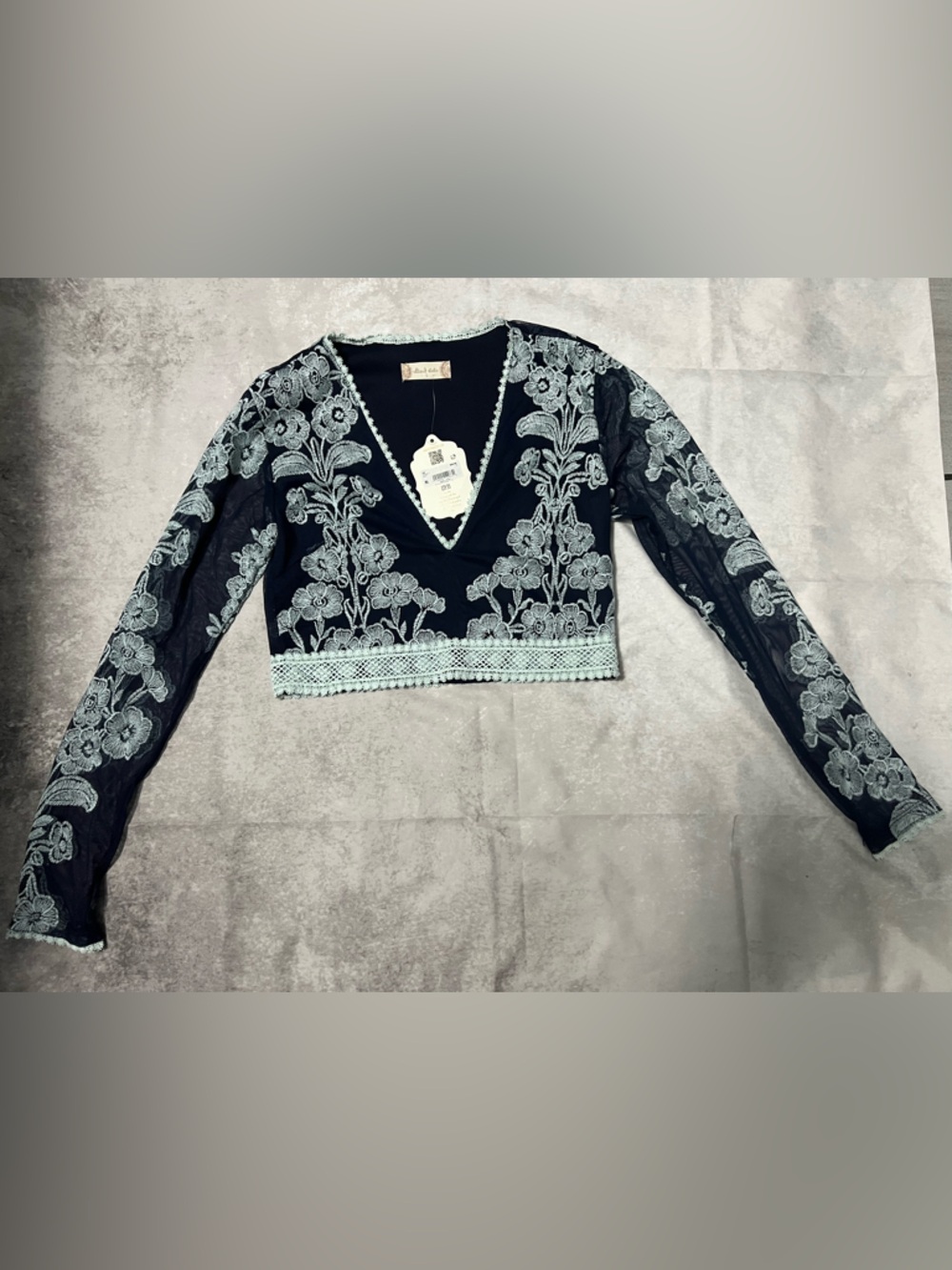 Altar’d State navy and white V-Neck Lace Crop Top with Floral Embroidery